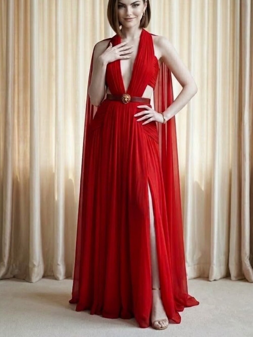 Elegant Red Plunging Halter Evening Gown - Cape Sleeve Formal Dress